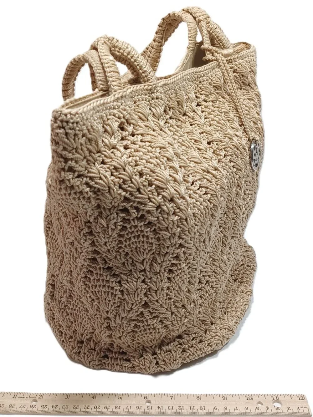 The Sak Hand Crochet Tan Shoulder Bag Double Strap 10"x12"x9" with 9" drop - Picture 8 of 9